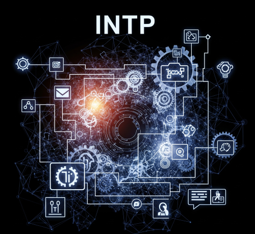 NTPの思考プロセス(内向的思考Ti、外向的直観Ne)を象徴する抽象的なアイコンが、AI倫理のテーマ(例:歯車、ネットワーク)に向かって作用している様子。