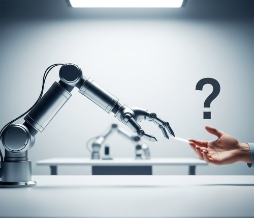 人間の手から離れて自律的に動くロボットアームと、その先に描かれた「?」マーク。
