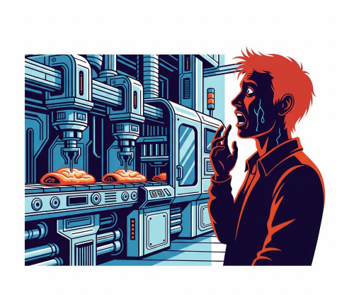 自動化された工場ラインのイラストと、その横で複雑な感情を抱える人間のシルエット。