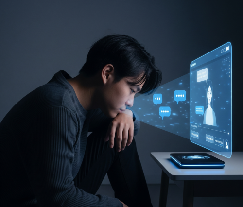 孤独な人物が、AIのインターフェースを通してコミュニケーションを取っている様子。