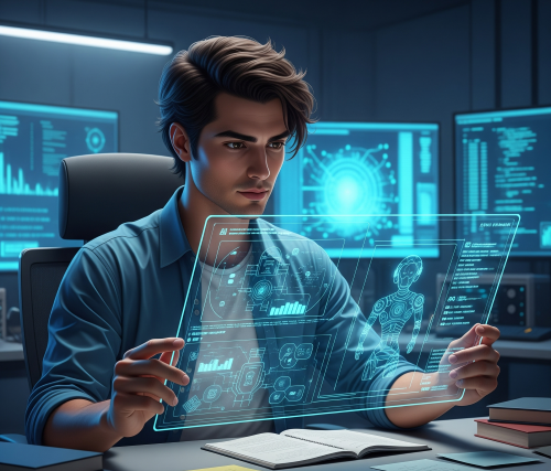 INTPを象徴する人物が、AIの設計図や倫理規定を真剣に分析している様子。